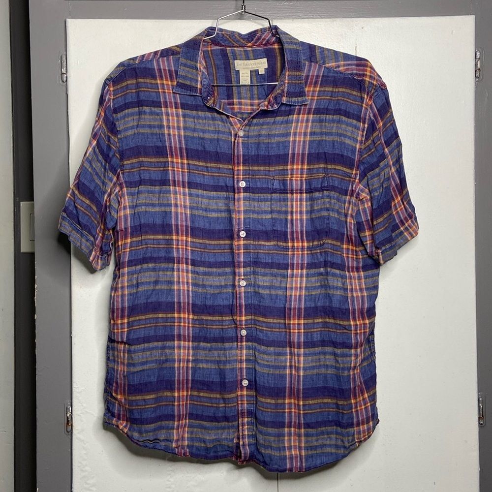 the territory ahead men 100 linen short sleeve button up shirt xl plaid blue
